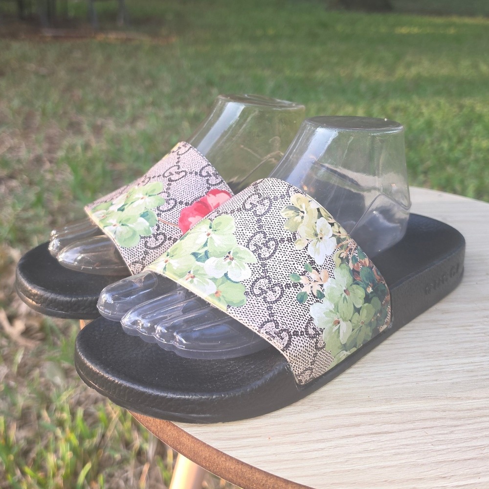 Gucci GG Blooms Supreme Floral Slides Black Beige Green Monogram Sandals